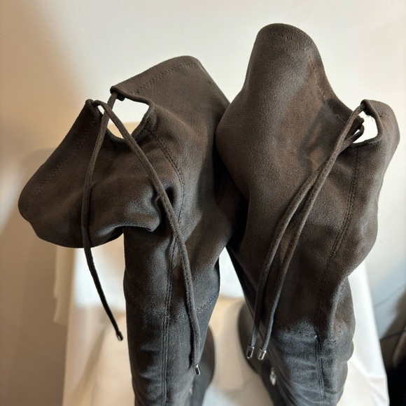 MARC FISHER Sz 9 Over the Knee Boots Drawstring Almond Toe Flat Heel In Grey - Picture 11 of 14